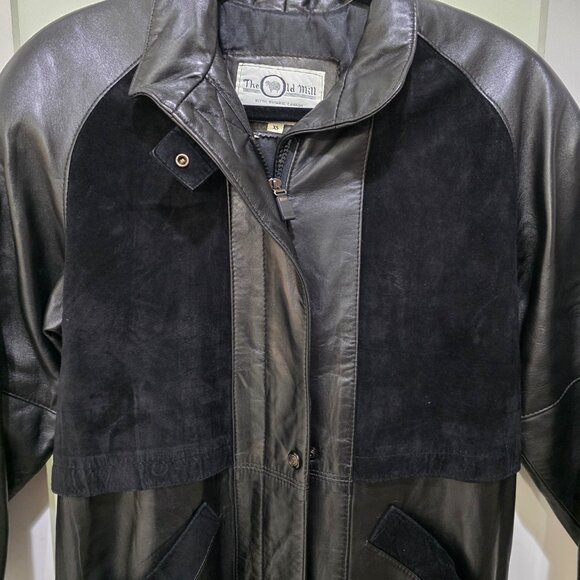 The Old Mill Black Leather Long Jacket XS 100% Leather Vintage Trench Coat Suede - Picture 2 of 11